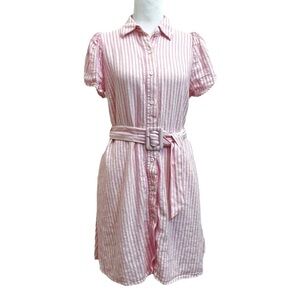 Alexis x Target Linen Blend Pink White Stripe Belted Button Mini Dress